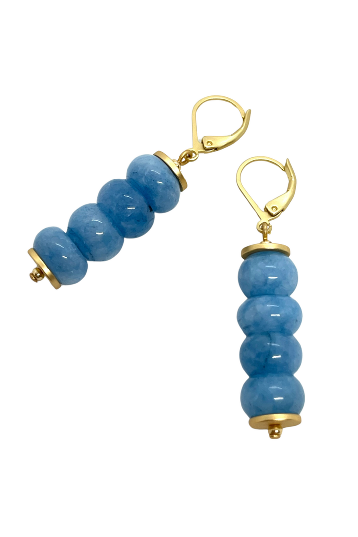 Blue Jade Rondelle Stack With Matte Gold Saucer Accents Earrings