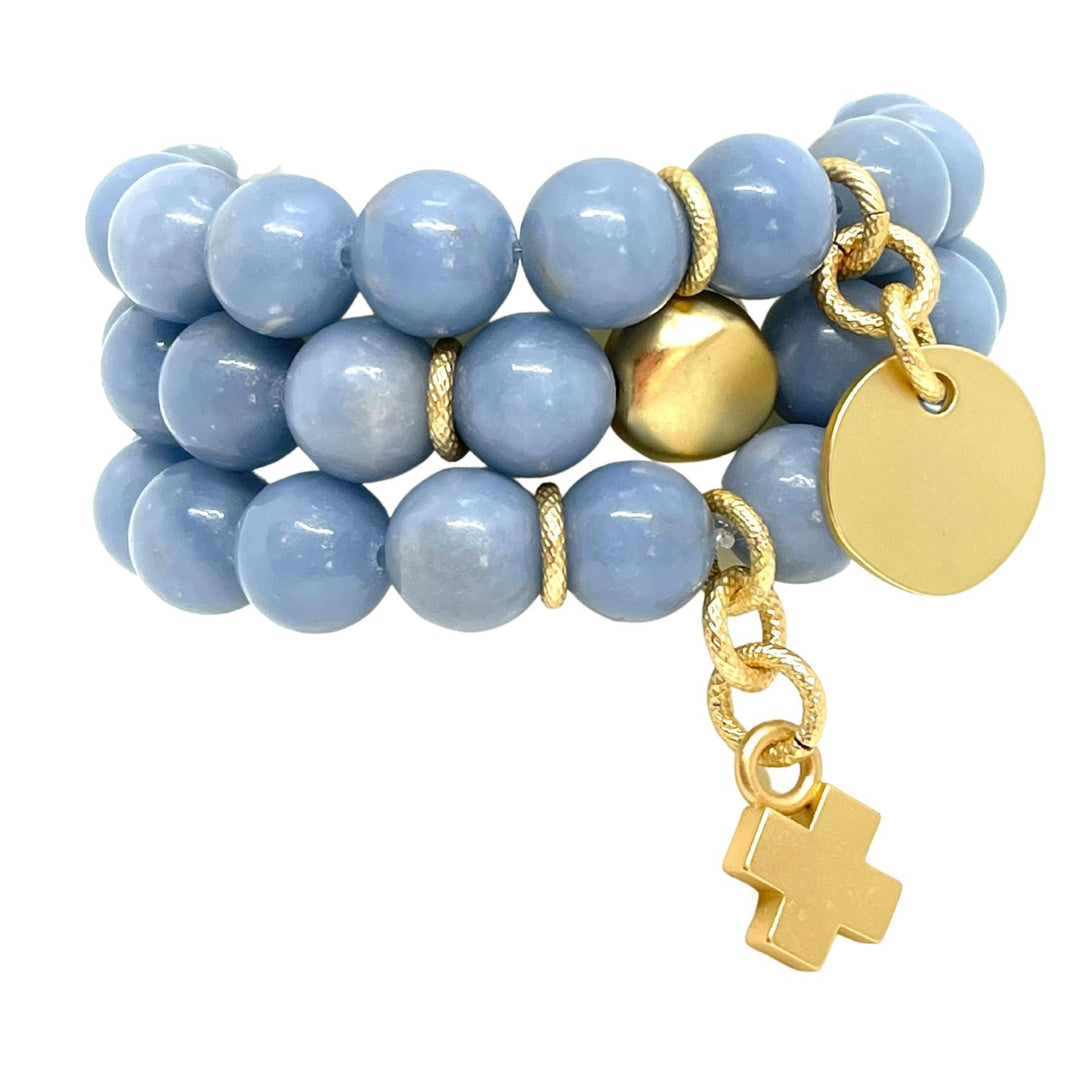 Blue Angelite Stretch Bracelet with Matte Gold Charm