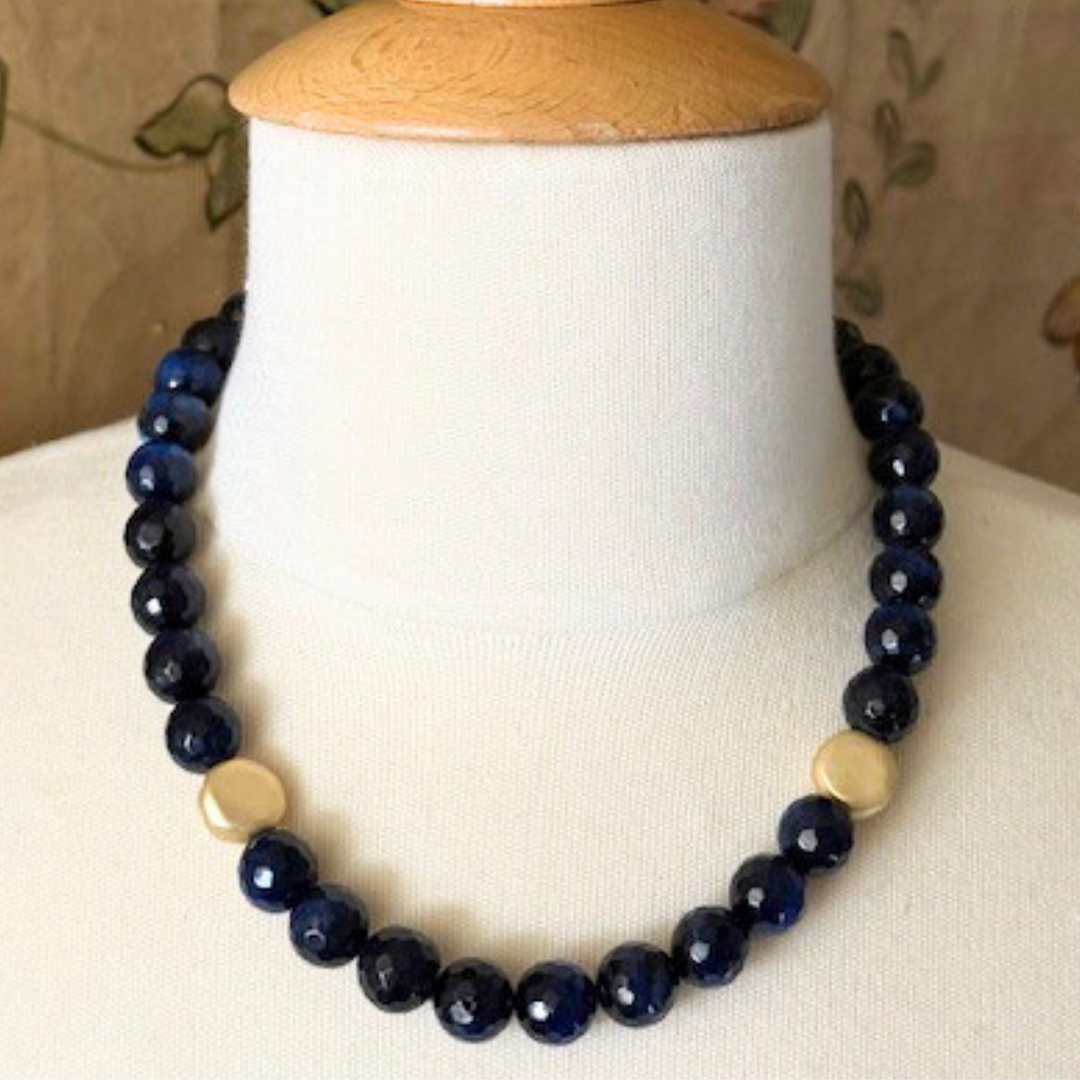 Blue Tigers Eye With Matte Gold Bead Accent Necklace