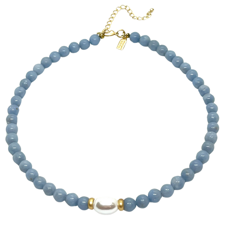 Blue Angelite With MOP Pearl and Matte Gold Accents Necklace