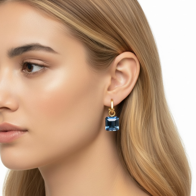 Matte Gold Paperclip and Blue Square Crystal Charm Earrings