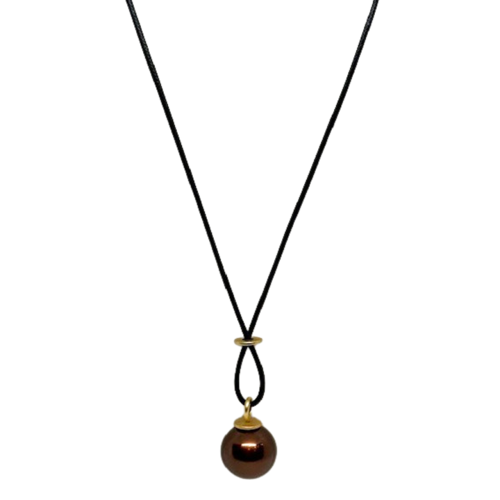 Large Chocolate Color Pearl With Criss Cross Design On Black Linen Cord