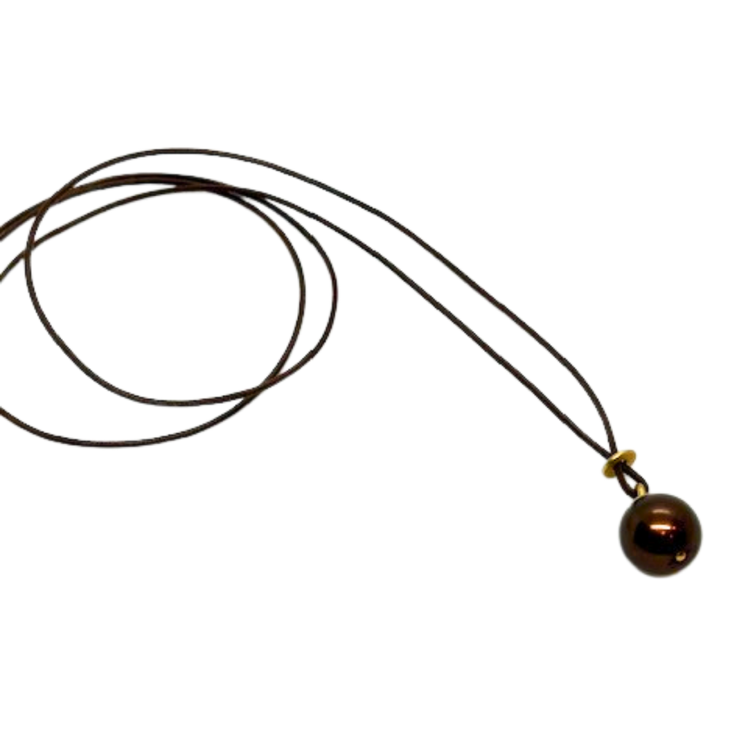 Long Black Linen Cord Criss-Cross Style Necklace With Large Chocolate Pearl Pendant