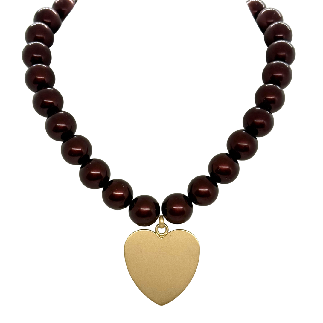 Burgundy Bubble Pearls With Large Matte Gold Heart Pendant