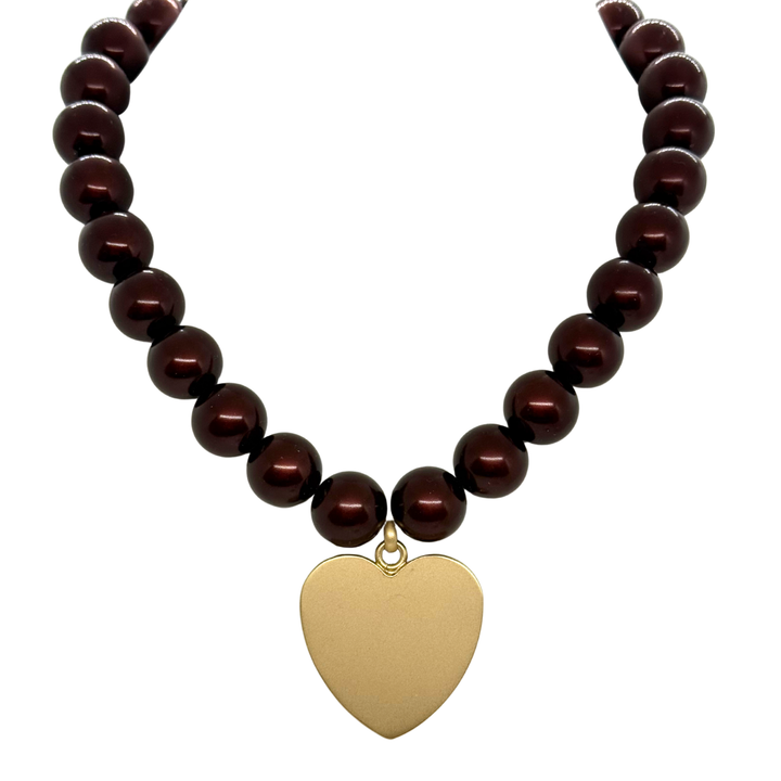 Burgundy Bubble Pearls With Large Matte Gold Heart Pendant