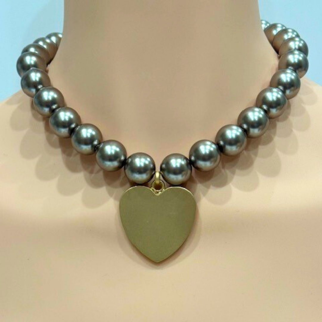 Taupe Bubble Pearls With Large Matte Gold Heart Pendant