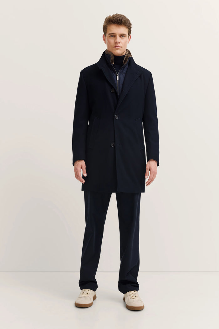 Coat with Faux Fur Collar and Removable Vest - Navy