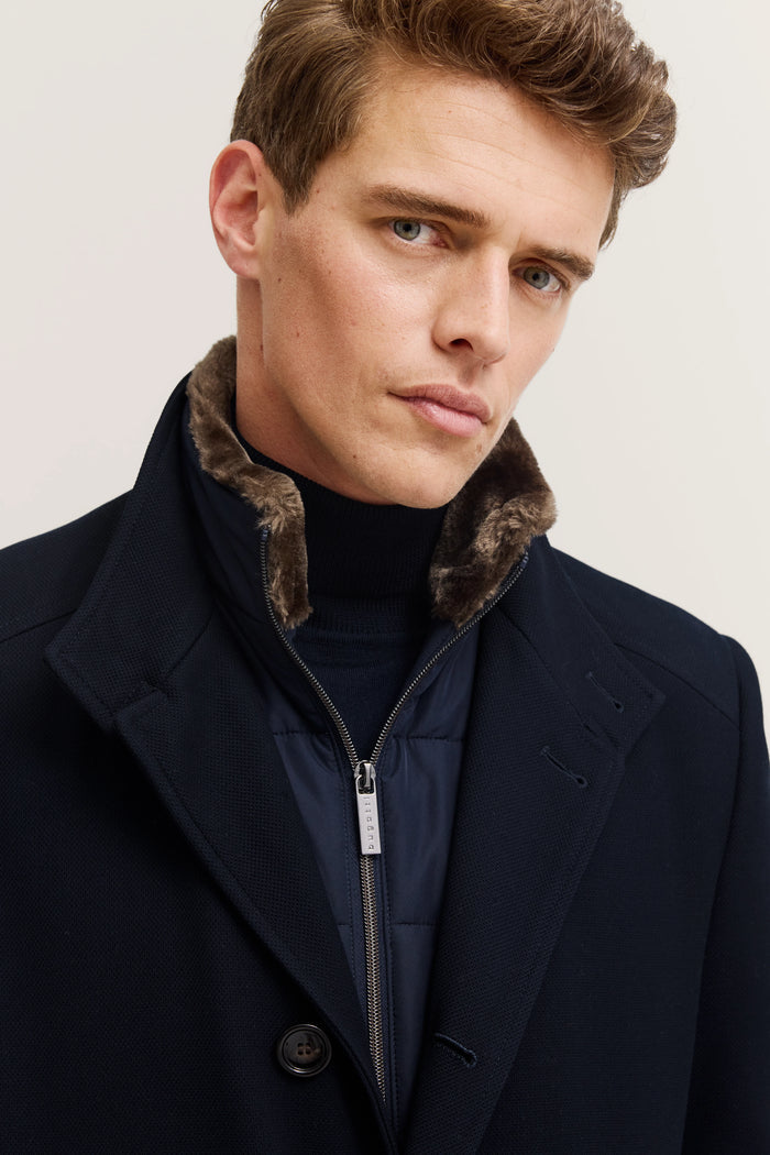 Coat with Faux Fur Collar and Removable Vest - Navy