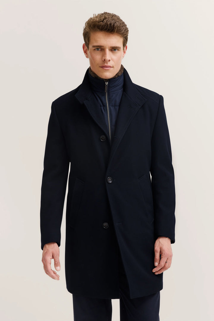 Coat with Faux Fur Collar and Removable Vest - Navy