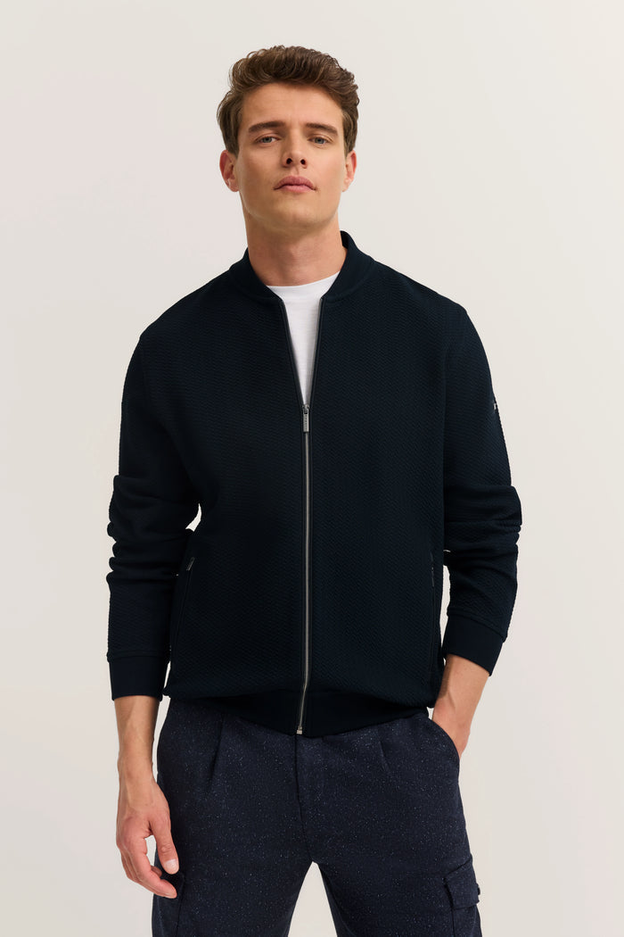 Sweat jacket with college collar and zipper in navy