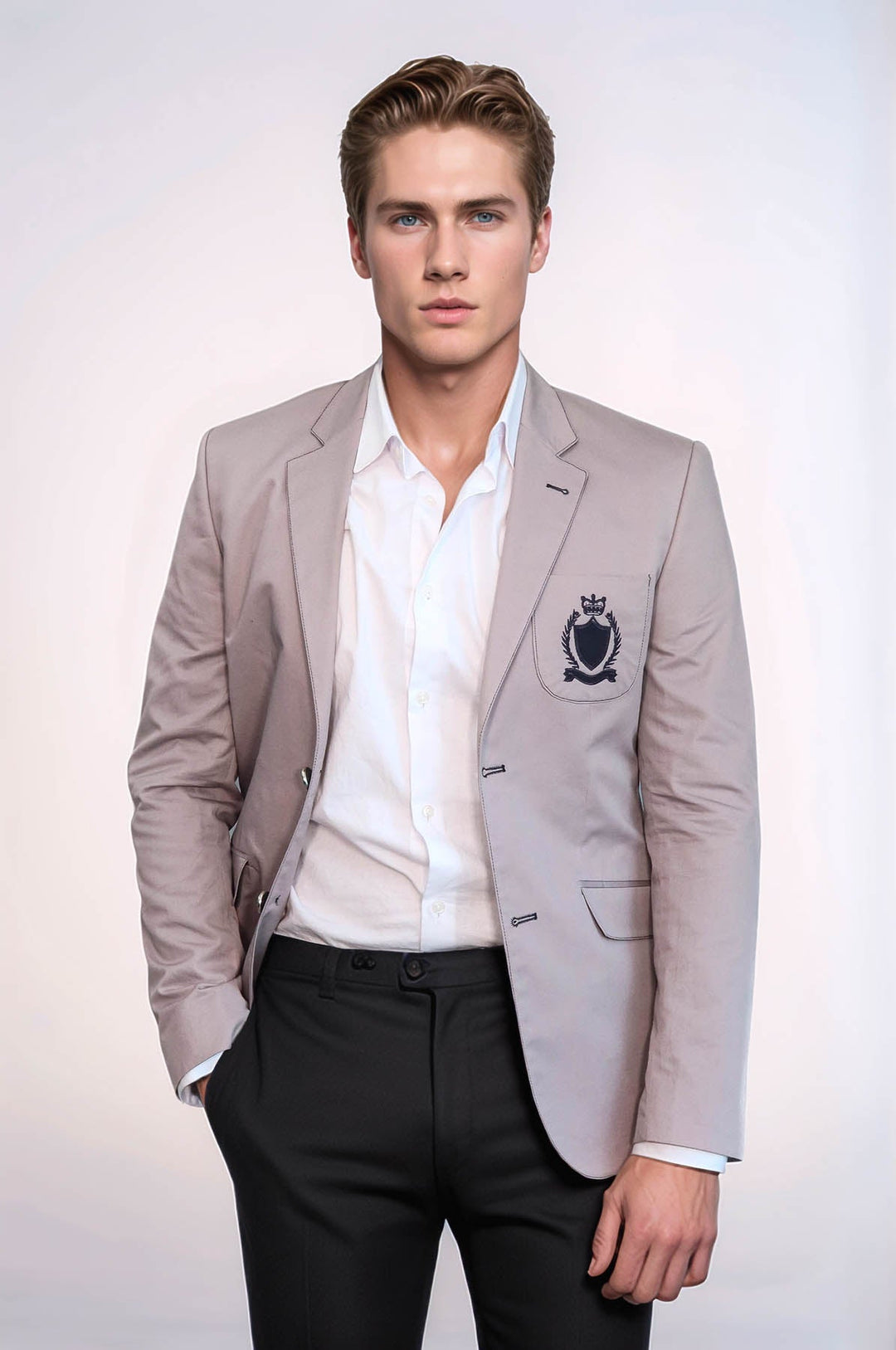 2 Buttons 3 Pockets Crested Cotton Light Pink Jacket - Wessi