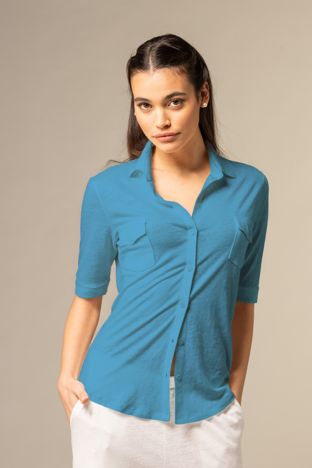 Stretch Linen 3/4 Sleeve Pocket Shirt - Bleu Taormina