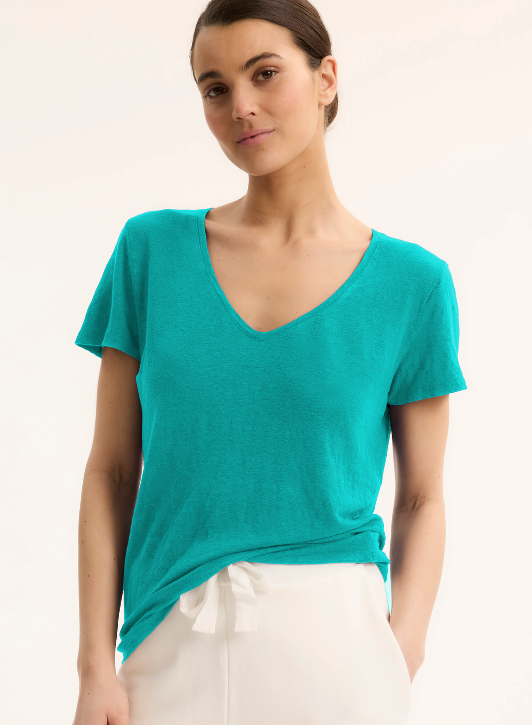 V-Neck Short Sleeve Linen Shirt - Menthol