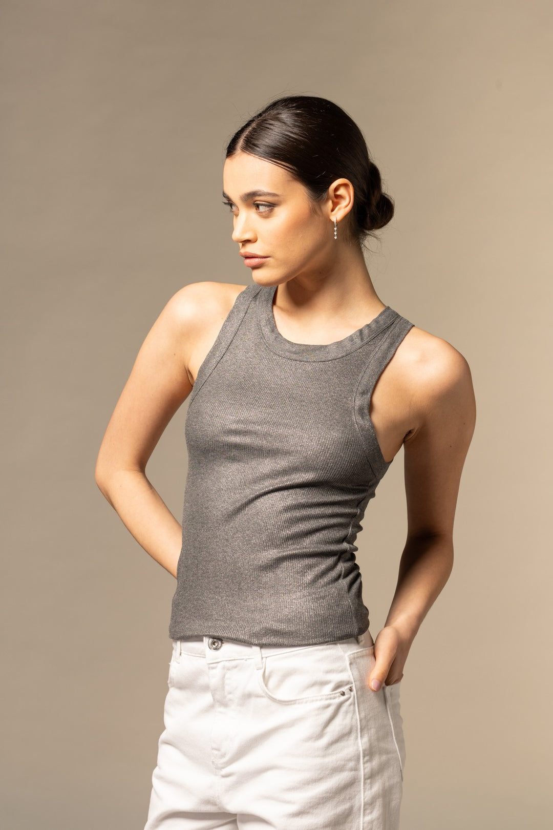 Ribbed Lurex Viscose Tank Top - Anthracite Chine