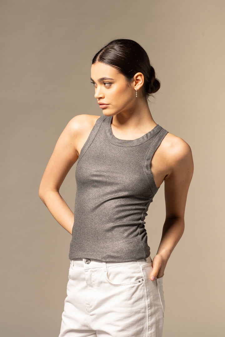 Ribbed Lurex Viscose Tank Top - Anthracite Chine