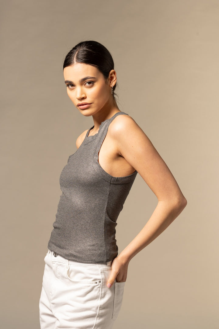 Ribbed Lurex Viscose Tank Top - Anthracite Chine