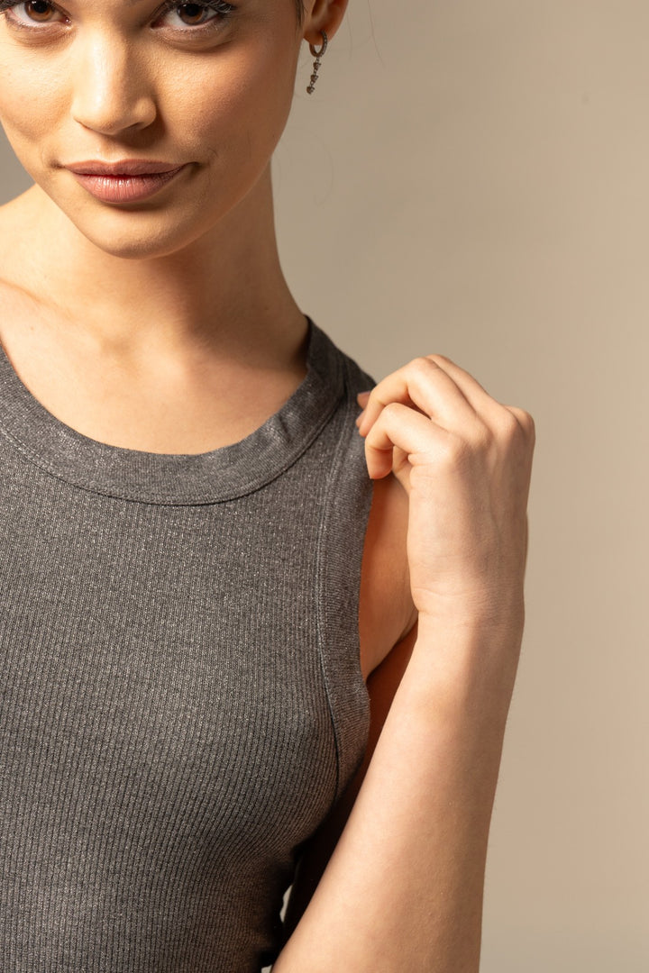 Ribbed Lurex Viscose Tank Top - Anthracite Chine
