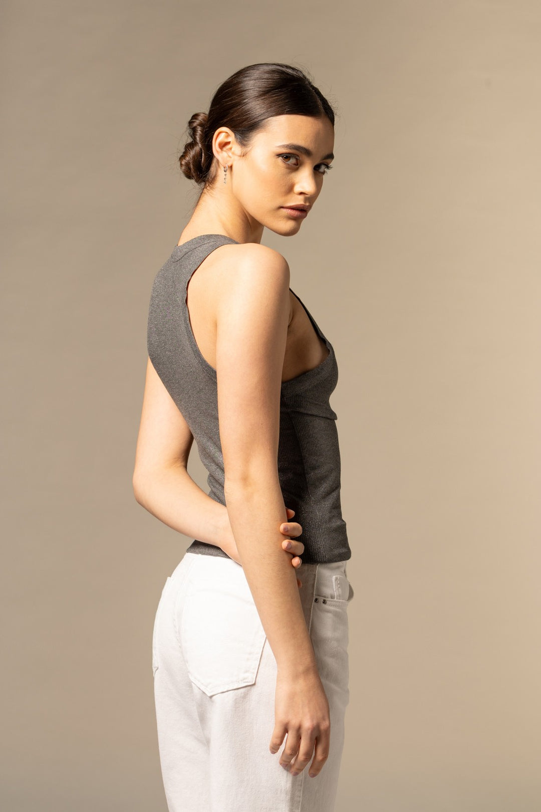 Ribbed Lurex Viscose Tank Top - Anthracite Chine