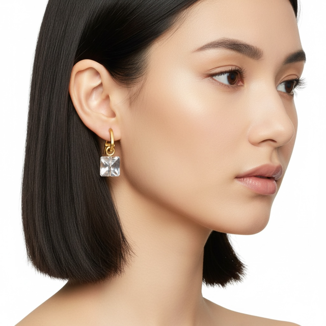Matte Gold Paperclip and Clear Square Crystal Charm Earrings