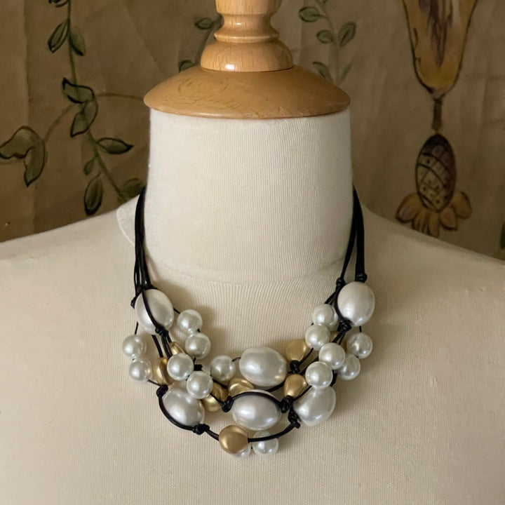 Cotton And Glass Pearl With Matte Black Crystal  Torsade Necklace