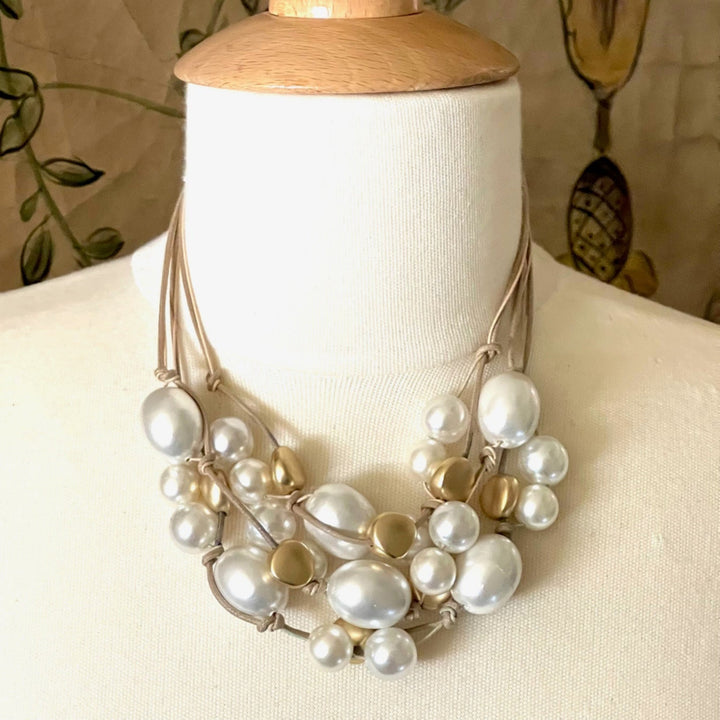 Cotton Pearl Matte Gold Natural Linen Toursade Necklace