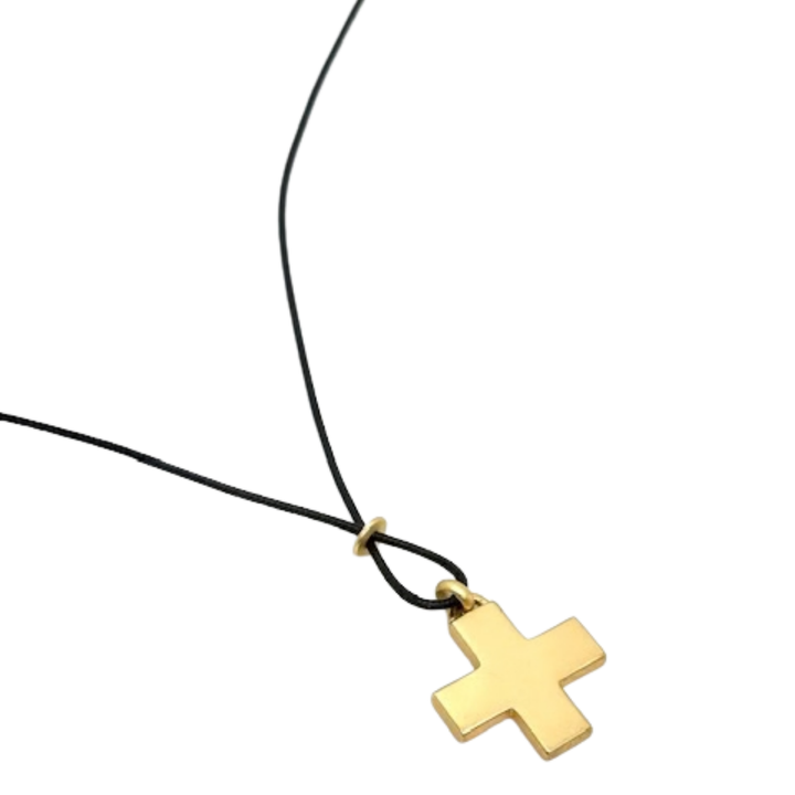 Matte Gold Starburst Pendant And Black Linen Cord Criss Cross Design Necklace