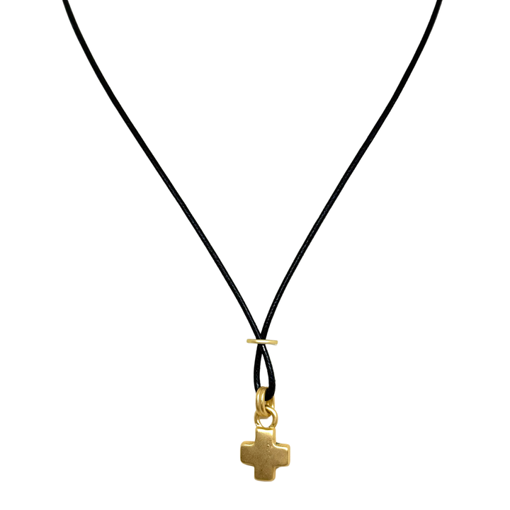 Matte Gold Cross Charm Crisscross Black Waxed Linen 16" Necklace