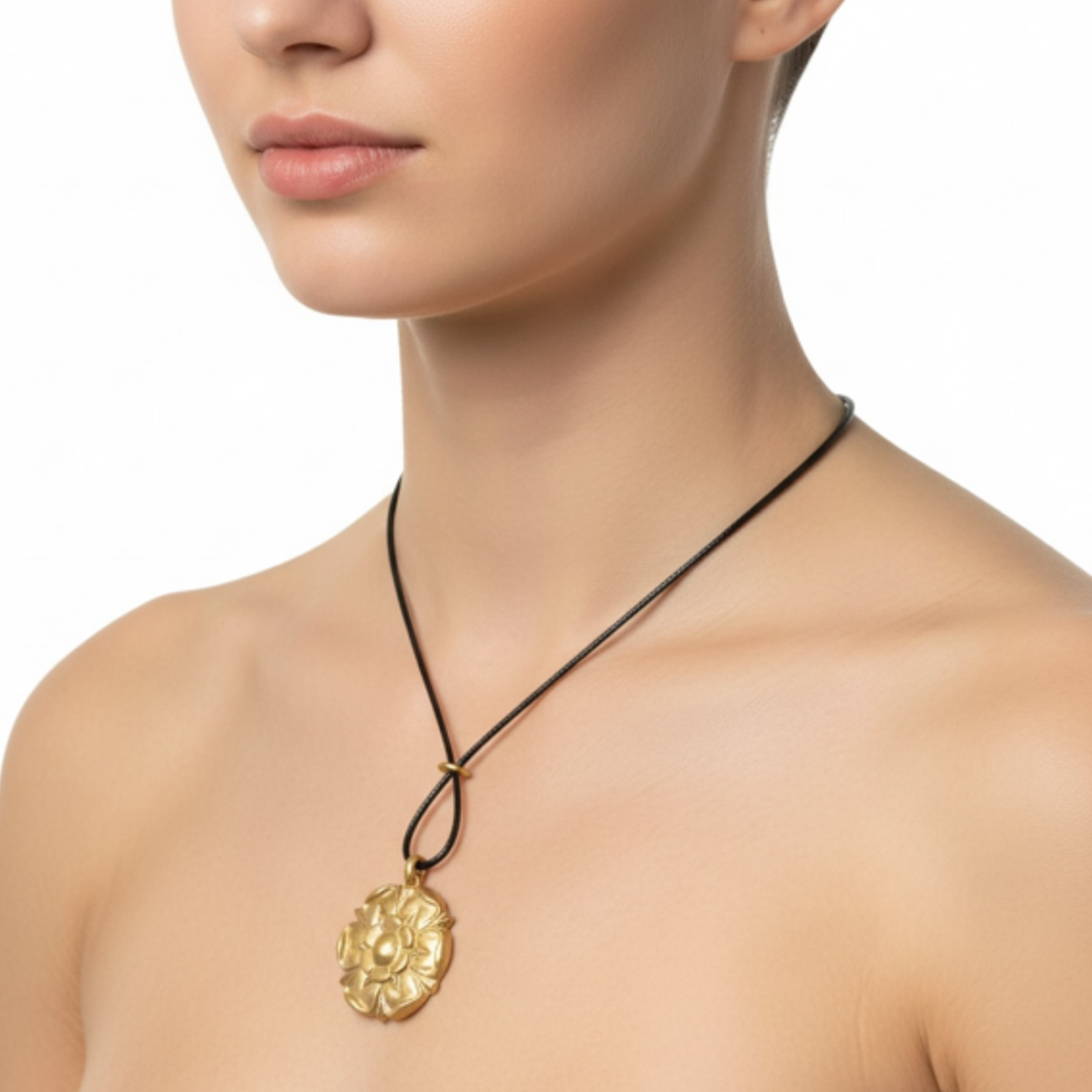 Matte Gold Flower Pendant And Black Linen Cord Criss Cross Design Necklace