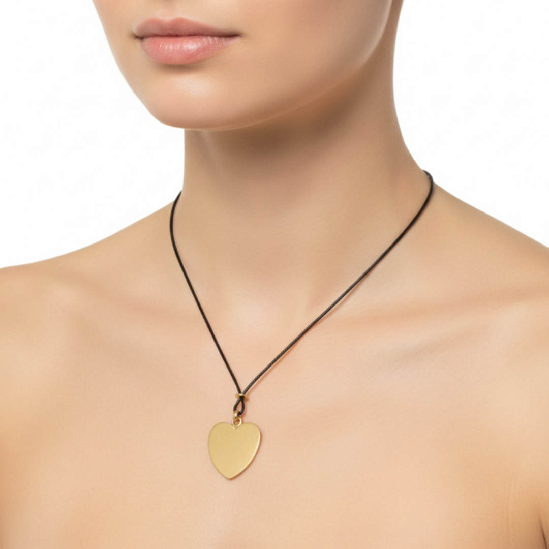 Matte Gold Heart Pendant And Black Linen Cord Criss Cross Design Necklace