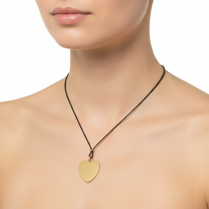Matte Gold Heart Pendant And Black Linen Cord Criss Cross Design Necklace