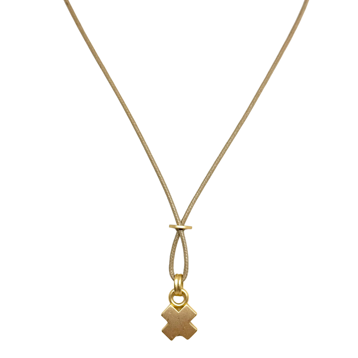 Matte Gold Kiss Charm Crisscross Natural Waxed Linen 16" Necklace