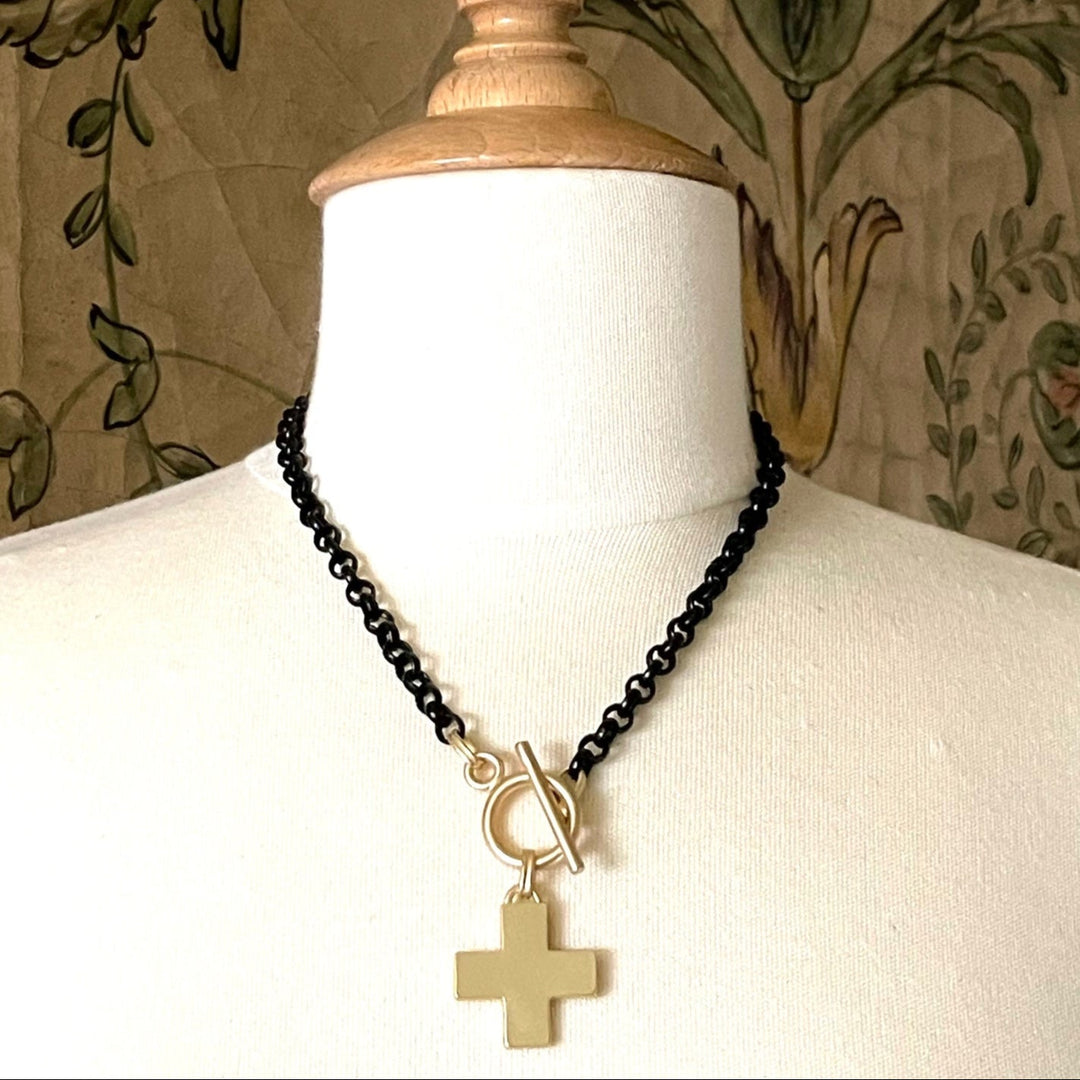 Matte Gold Cross Pendant on Matte Black Chain