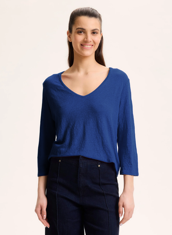 3/4 Sleeves V-Neck Shirt - Blue