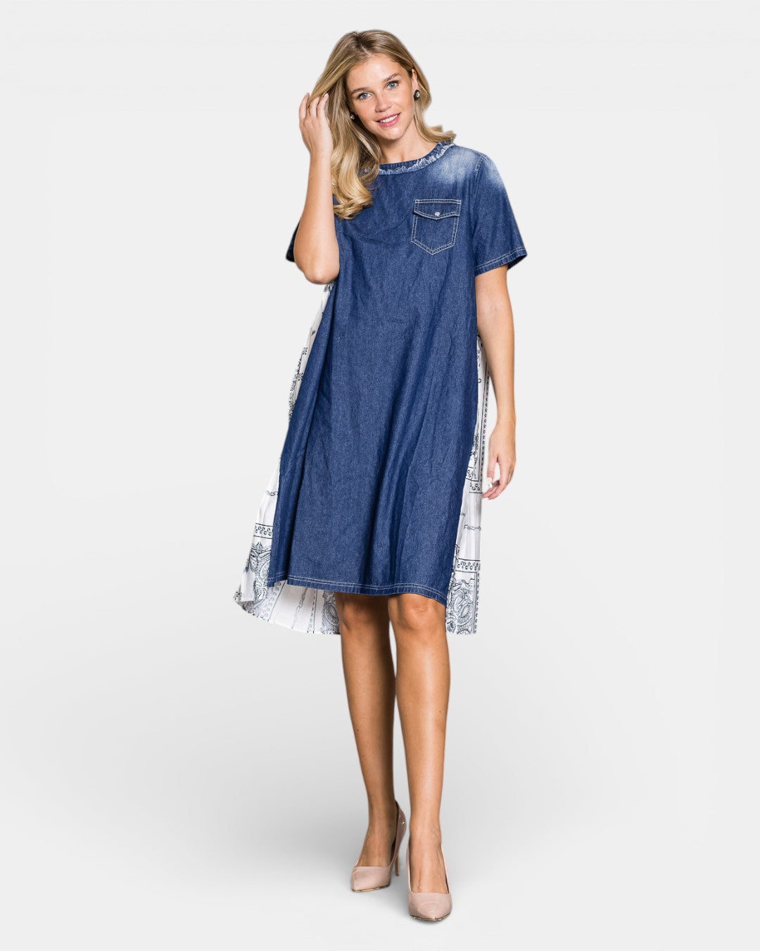 Denise Dress with Novelty Back Printed Pleating 33051DN / Denim / XS