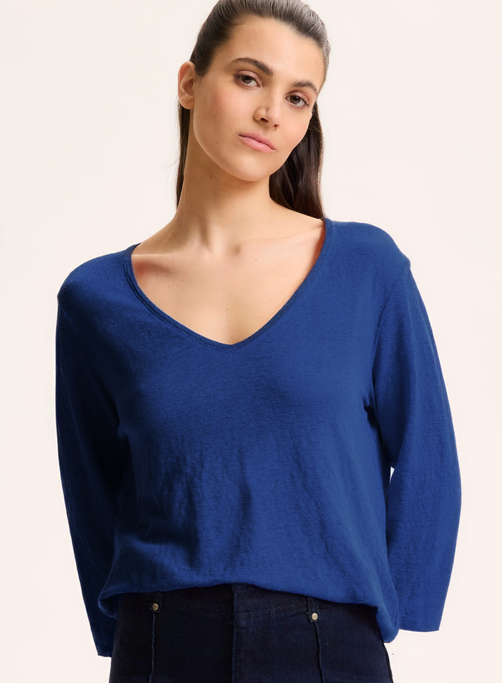 3/4 Sleeves V-Neck Shirt - Blue