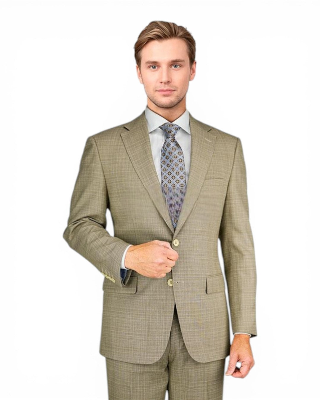 Man wearing a light green checkered suit with a patterned tie on a white background