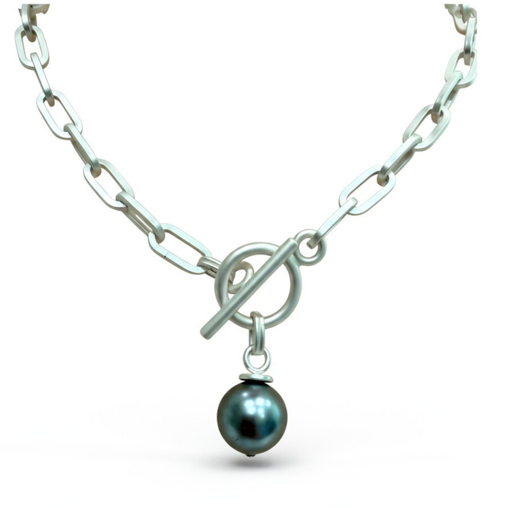 Matte Silver Paperclip Chain With Grey Bubble Pearl Pendant