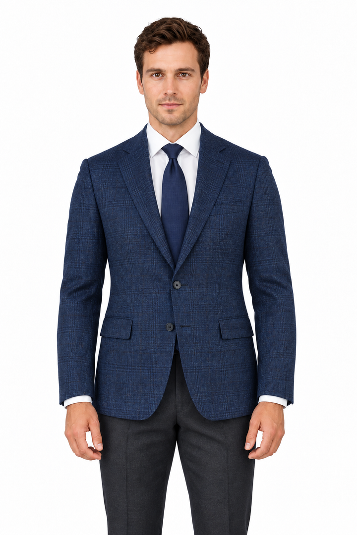 E86042-2-Enzo Wool Jacket-Dark Blue Windowpane