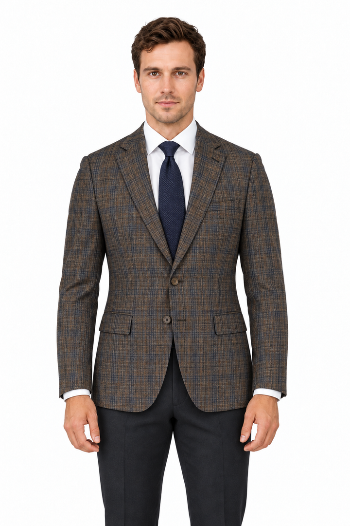 E88019-1-Enzo Wool Jacket-Navy/Camel Plaid