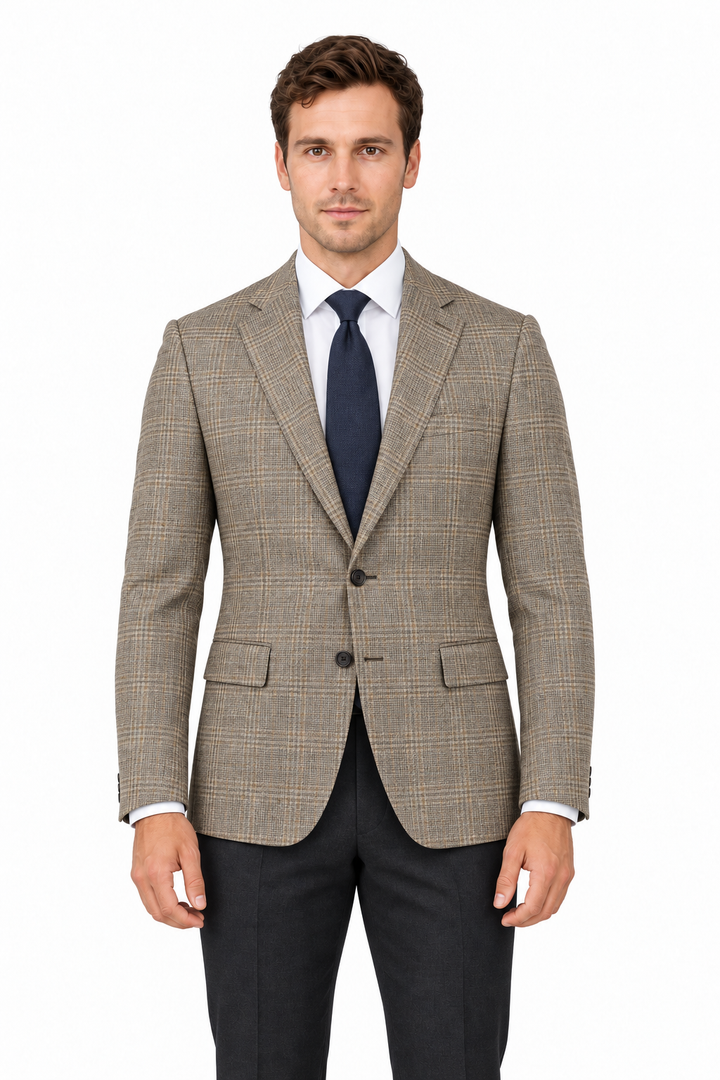 E86042-4-Enzo Wool Jacket-Taupe Windowpane