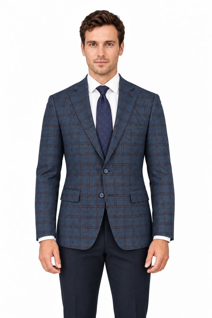 E88024-2-Enzo Wool Jacket-Blue Burgundy Windowpane