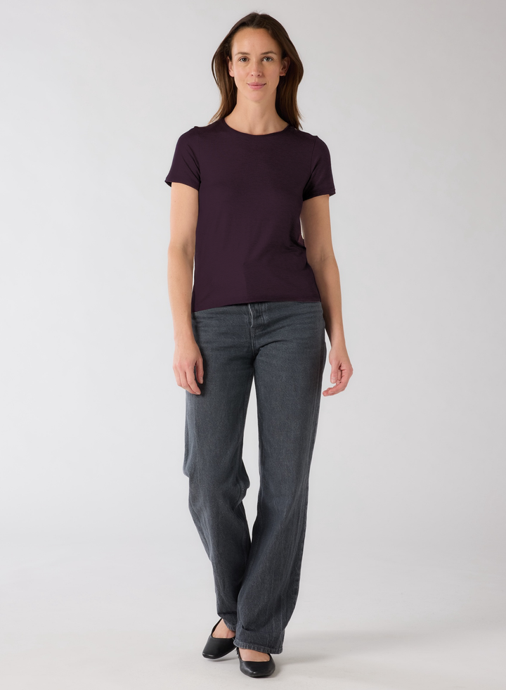 Soft Touch Metallic Short Sleeve Semi Relaxed Crewneck - Aubergine