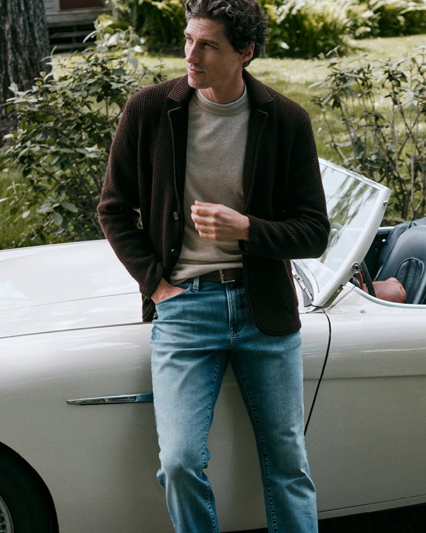 34 Heritage cardigan and jeans with a vintage roadster