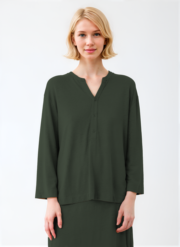 Semi Relaxed 3/4 Sleeve Henley Top - Agave