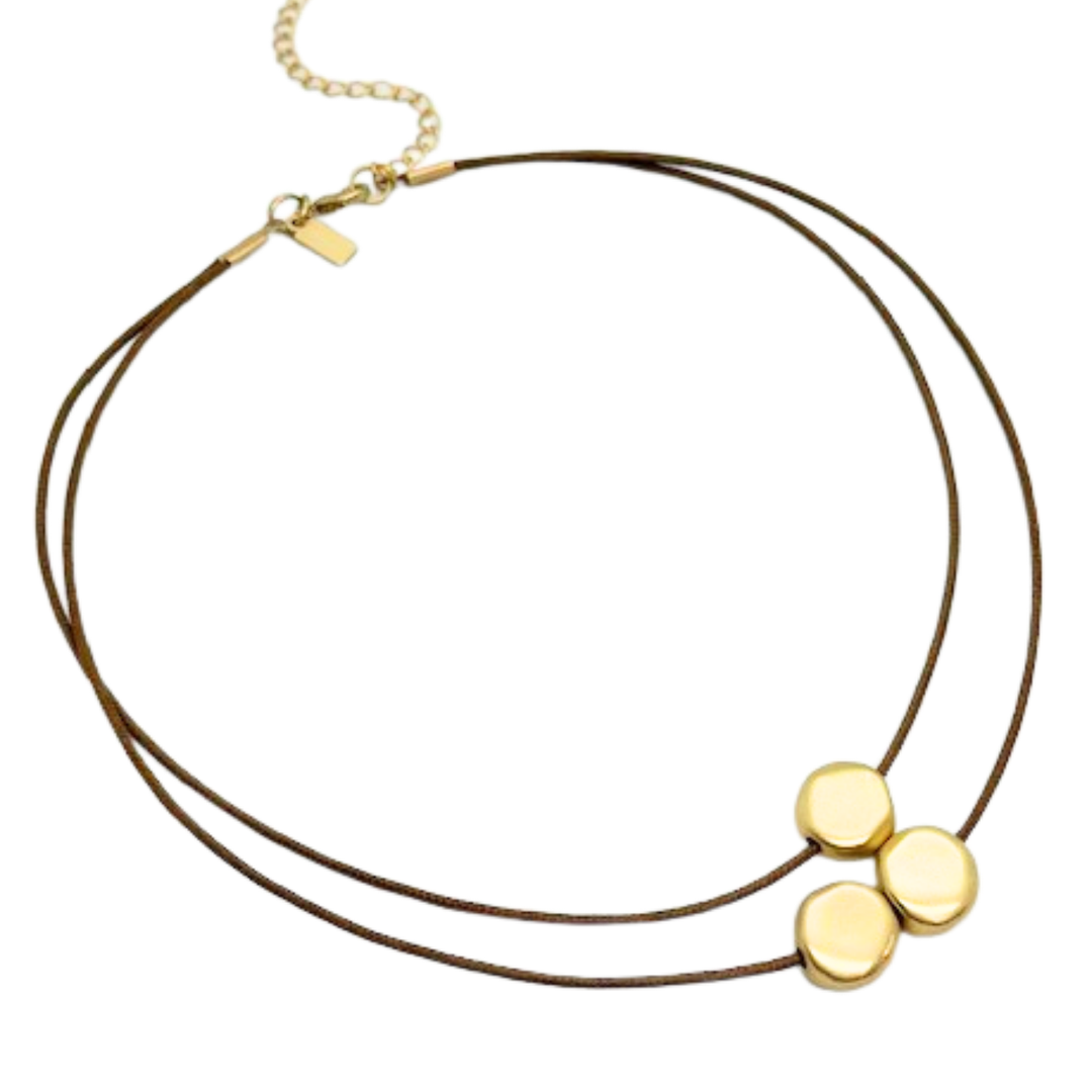 Gold Bead Necklace On Bronze Linen Cord