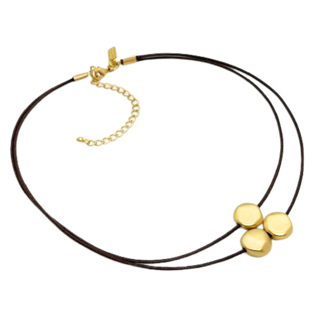 Gold Bead Necklace On Chocolate Waxed Linen Cord