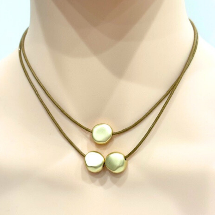 Gold Bead Necklace On Natural Waxed Linen Cord