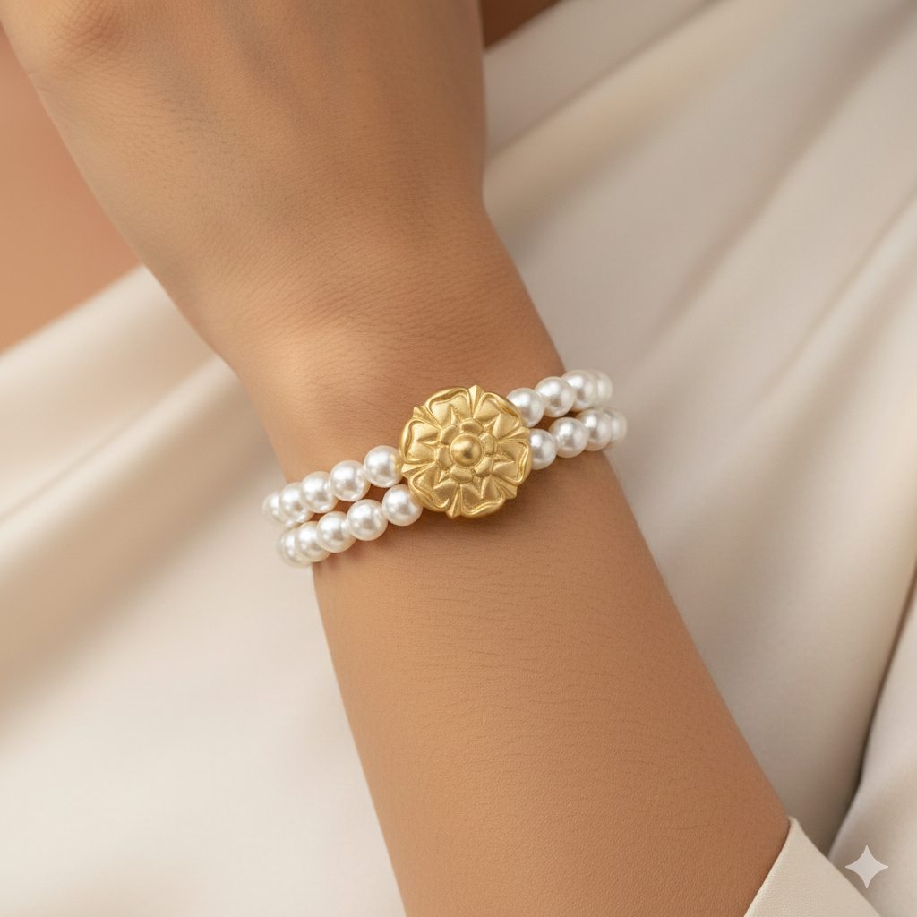 Two Strand Pearl and Matte Gold Flower Stretch Bracelet