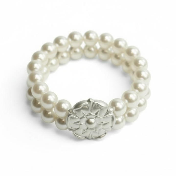 Two Strand Pearl and Matte Silver Flower Stretch Bracelet