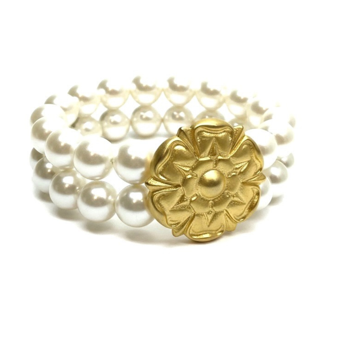 Two Strand Pearl and Matte Gold Flower Stretch Bracelet